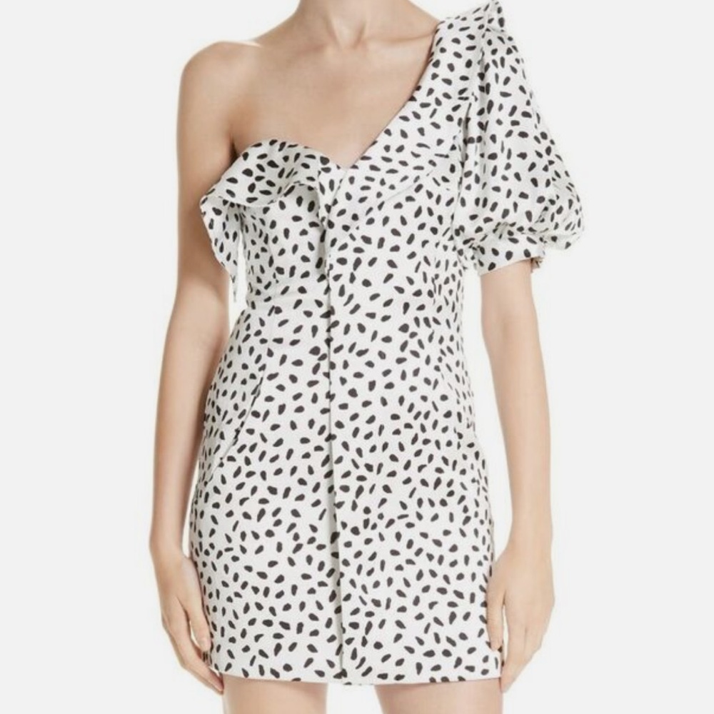 SELF PORTRAIT SPOTTED ONE-SHOULDER MINI-DRESS WHITE/ BLACK
